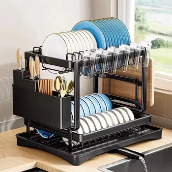 Scolapiatti, Porta Utensili a Doppio Strato, Robusto e Durevole, Adatto per Posizionare Tazze, Pentole e Bacchette, Ideale per Cucine Domestiche