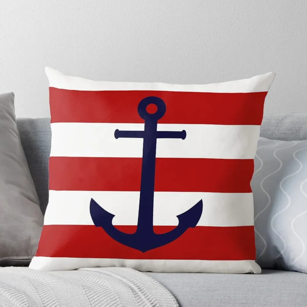 

Nautical Navy Blue Anchor On Red Stripes Throw Pillow Sofa Cushion Christmas Covers