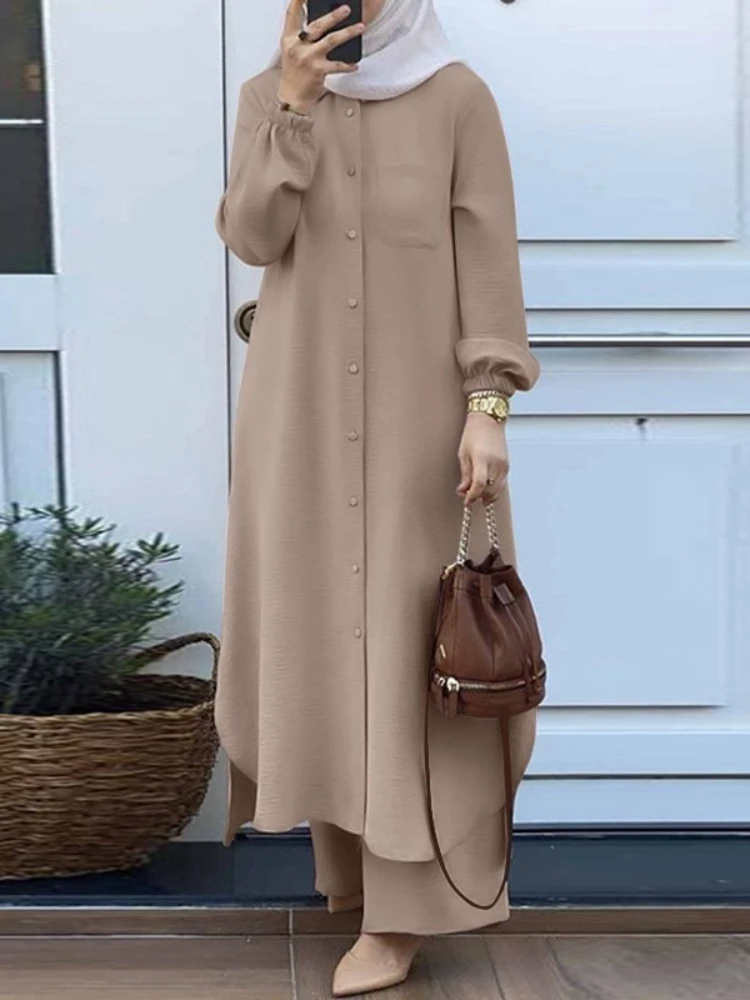 Casual Muslim Dress for Women Blouse 2 Piece Set Long Sleeve Shirt Pant Suits Saudi Arabic