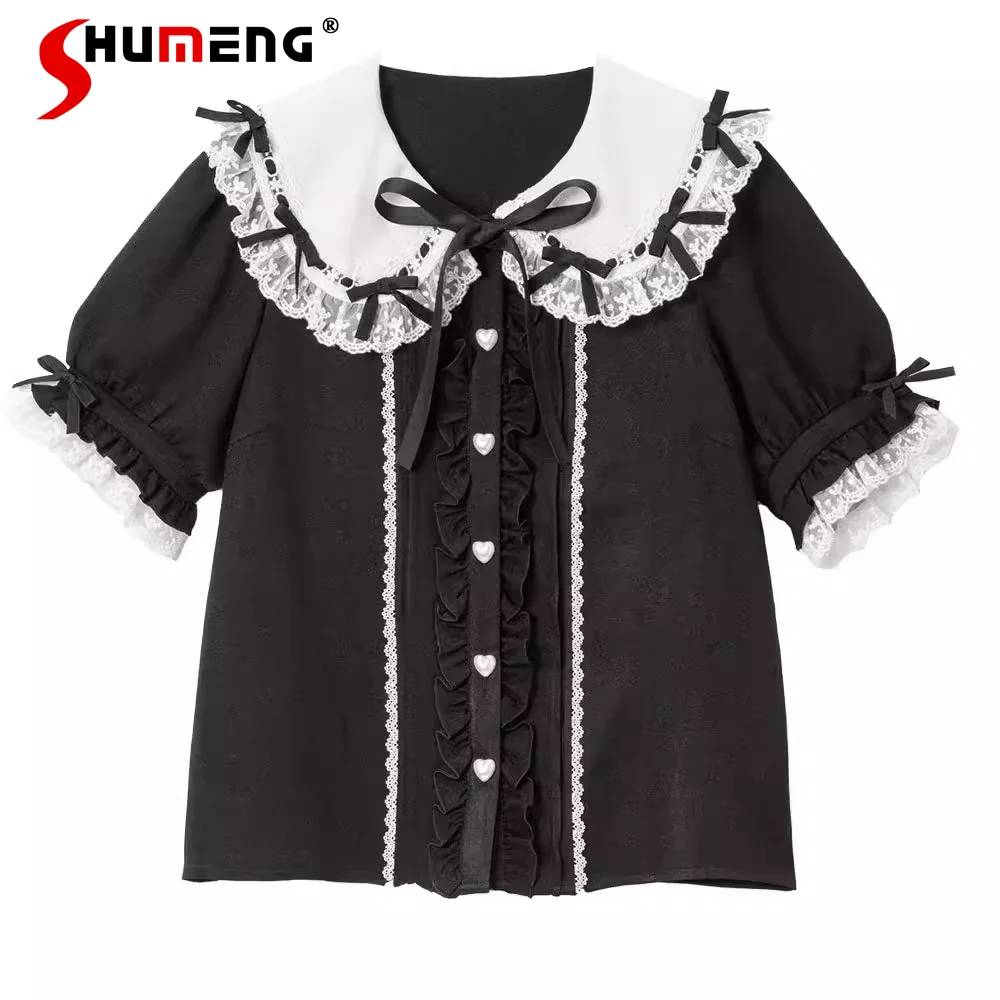 

Japanese Sweet Lolita Lace Edge Black White Shirts Woman 2024 Summer New Cute Short Sleeve Color Block Bow Blusas Tops Mujer