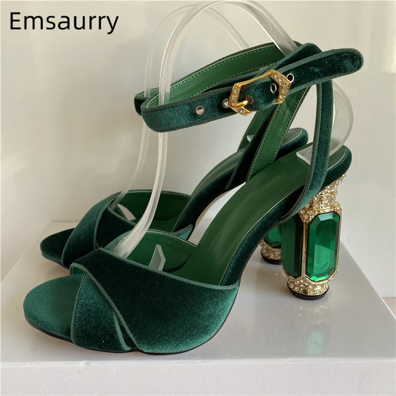 Women High Heels Luxury Velvet Diamond Heel Summer Cross Band Ankle Strappy Jeweled Party Sandals
