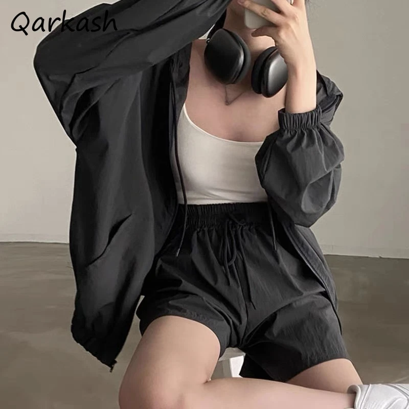 여성용 스포티 짧은 세트 포켓 솔리드 긴 소매 드로스트링, 얇은 기본 자외선 차..