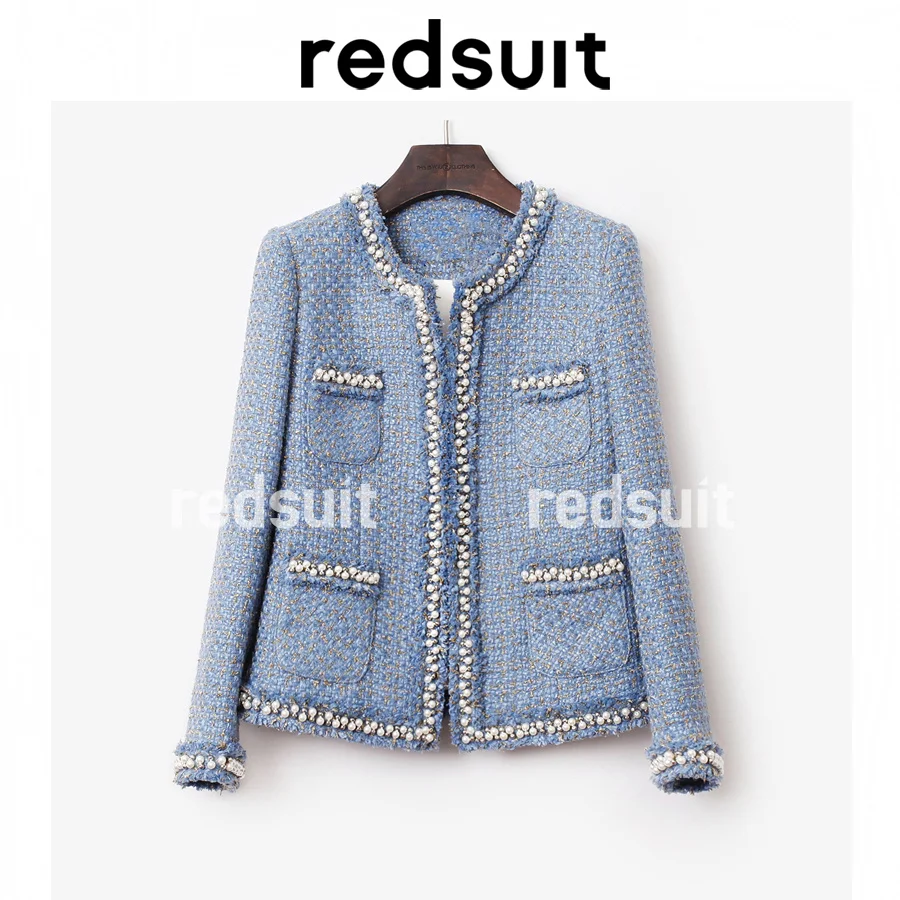 

Precision Nail Beads French Elegant Blue Gold Grid Small Fragrant Coat Top Slim Fit Elegant Versatile New