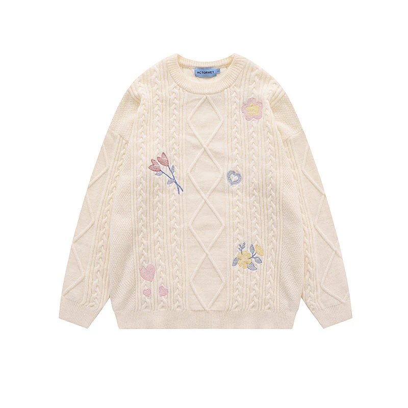 

Korean Style Apricot Sweater For Women Sweet Embroidery Twist Autumn Pullover Thick Tops Female Loose Knitted Jumpers