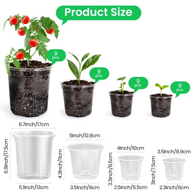 36 paquets de Pots de pépinière transparents renforcés de 6.7/5/4/3.5 pouces avec trou de Drainage, paquet de variété Transparent, semis de pots de plantes en plastique 2