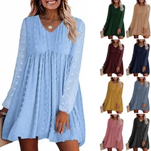 

V Neck Long Sleeve Jacquard Women's Spring Summer Fashion Mini Dress 2022 New Casual Solid A Line Elegant Woman Dress Clothing