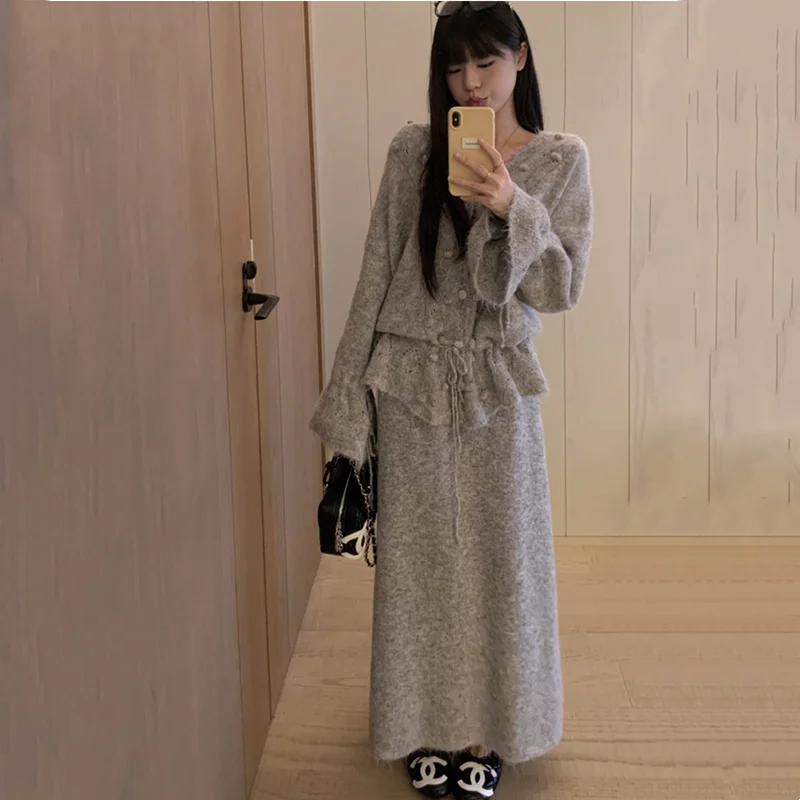 임산부를 위한 한국 스타일 루즈핏 투피스 수트, 겨울 컬렉션 슬리밍 오픈 가디건 스웨터와 미니스커트