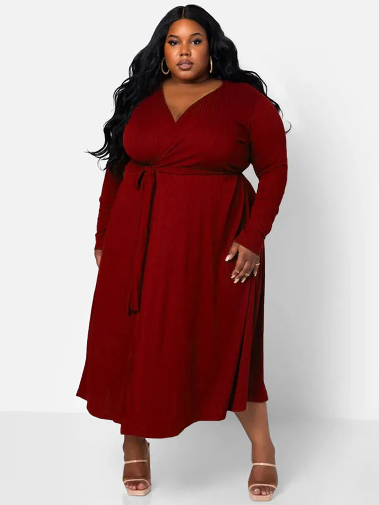 Elegant Casual Women Dresses Stretch Soft Knitted Midi Dress Plus Size Lady Clothes Ribbed Knit Dress Wholesale Dropshipping