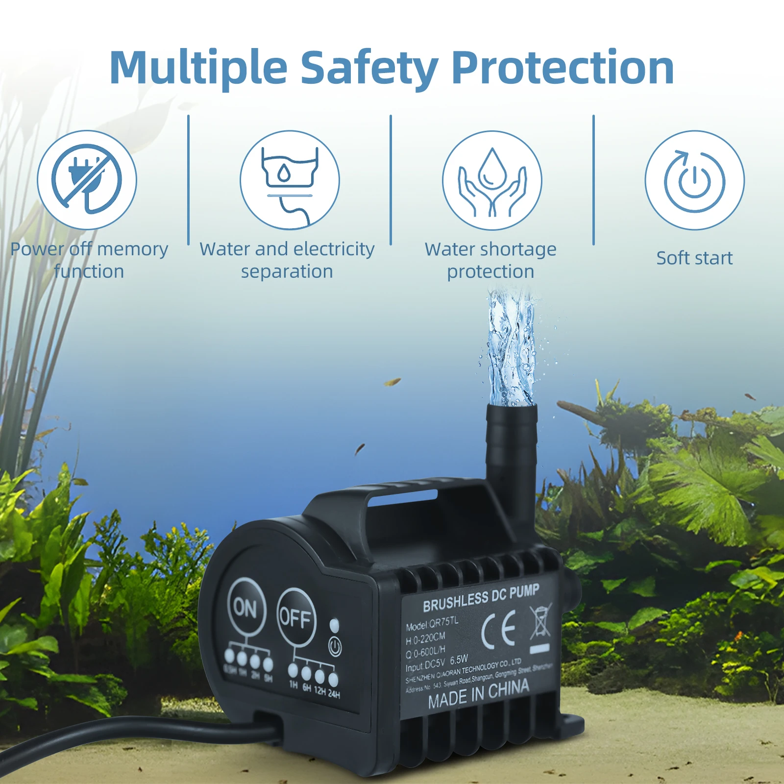 Mini 5V Water Pump 4 Gear On/Off Timing Acceleration Deceleration Function Max 400L/H Flow 9.8ft Lift 6.5ft USB Charging Cable