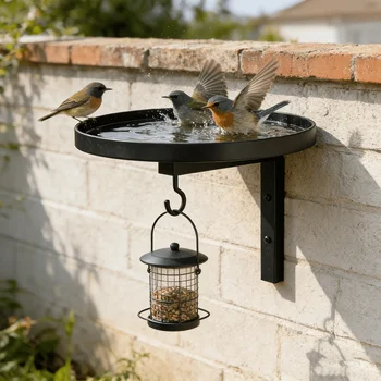 Vasca per Uccelli in Metallo da Parete con Gancio per Mangiatoia, Ciotola Resistente per Esterni, Facile da Installare per Giardino, Patio e Recinzione, Ideale per Uccelli