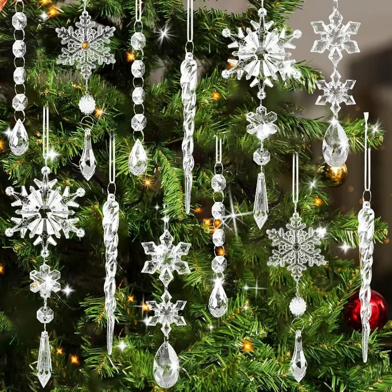 5-24PCS Crystal Clear Snowflake Acrylic Ice Pendants Christmas Tree Ornaments Icicle Water Drop Decoration for Xmas Winter Party 3