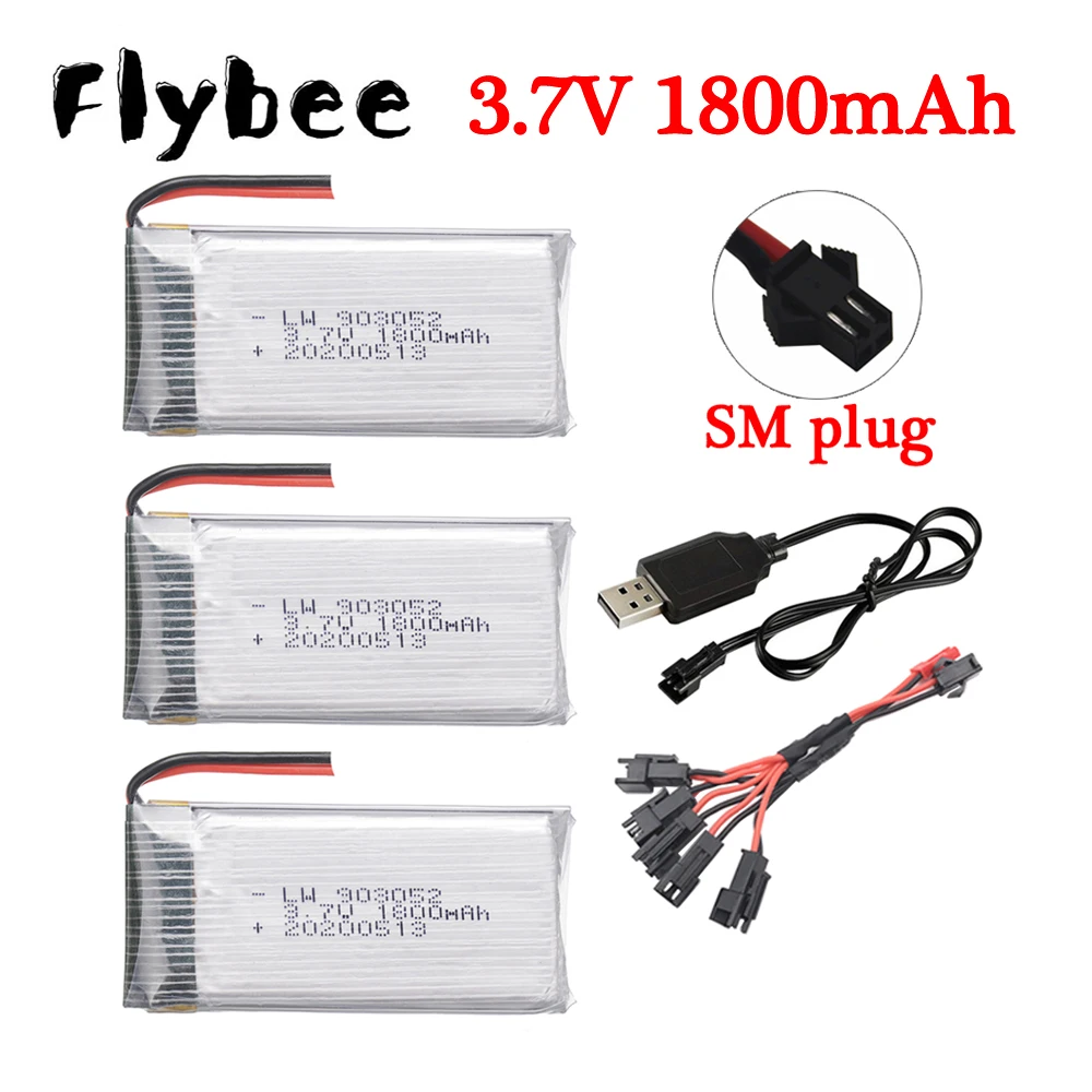 

3.7V 1800mAh 25C Rechargeable lithium polymer Battery + USB Charger SM Plug 903052 For Model Vehicle RC Quadcopter Drone parts