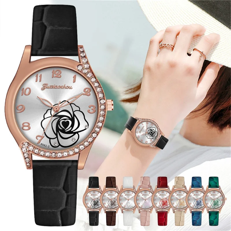 

Rose Dial Watch for Women Elegant Ladies Quartz Wrist Watches Skin Leather Band Quartz Watch Luxury Diamond Watch Relojes