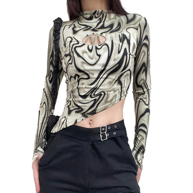 

Irregular Printed Crop Top Womens Autumn Winter Fit Long Sleeve Y2K Top