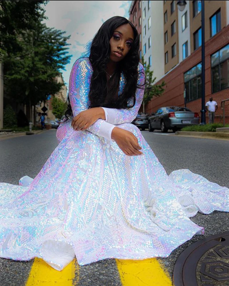 New Arrival Long Prom Dresses 2022 Sheer O-neck Sparkly Long Sleeve Sexy Mermaid African Black Girls Brithday Prom Gowns prom gowns