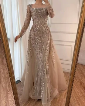 Customized Elegant Women's Mermaid Lace Beaded Evening Dresses Temperament Square Collar Homecoming Dress Birthday Party Gown 1
