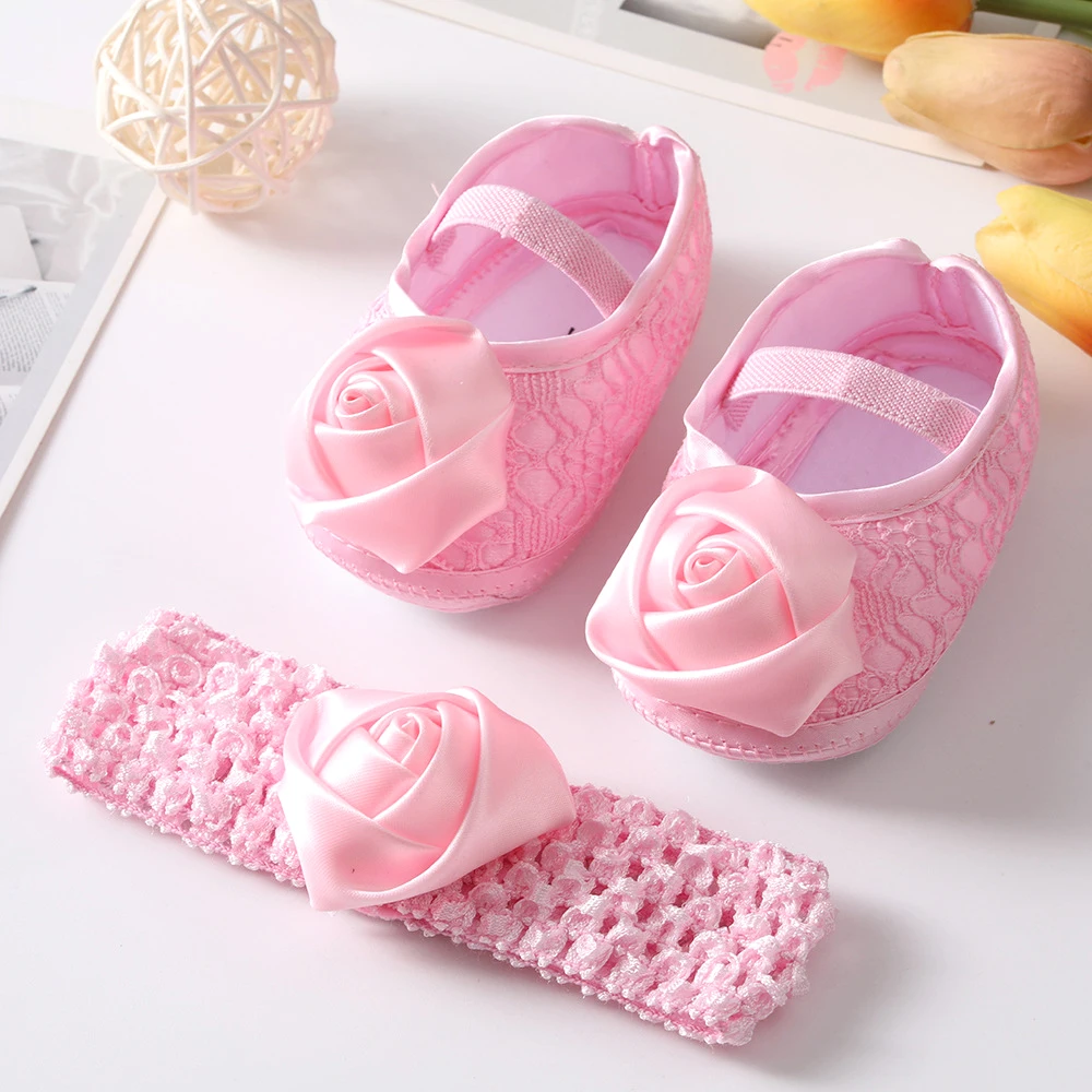 Newborn Baby Shoes Baptism White Bowknot Baby Girl Lace Shoes Headband Set Toddler Prewalker Cute Soft for 0-18M Kids