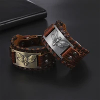 EUEAVAN Punk Death Skull Moth Genuine Wide Leather Bracelet Gothic Design Aesthetic Men Bangle Vintage Party Jewelry Accessories 1