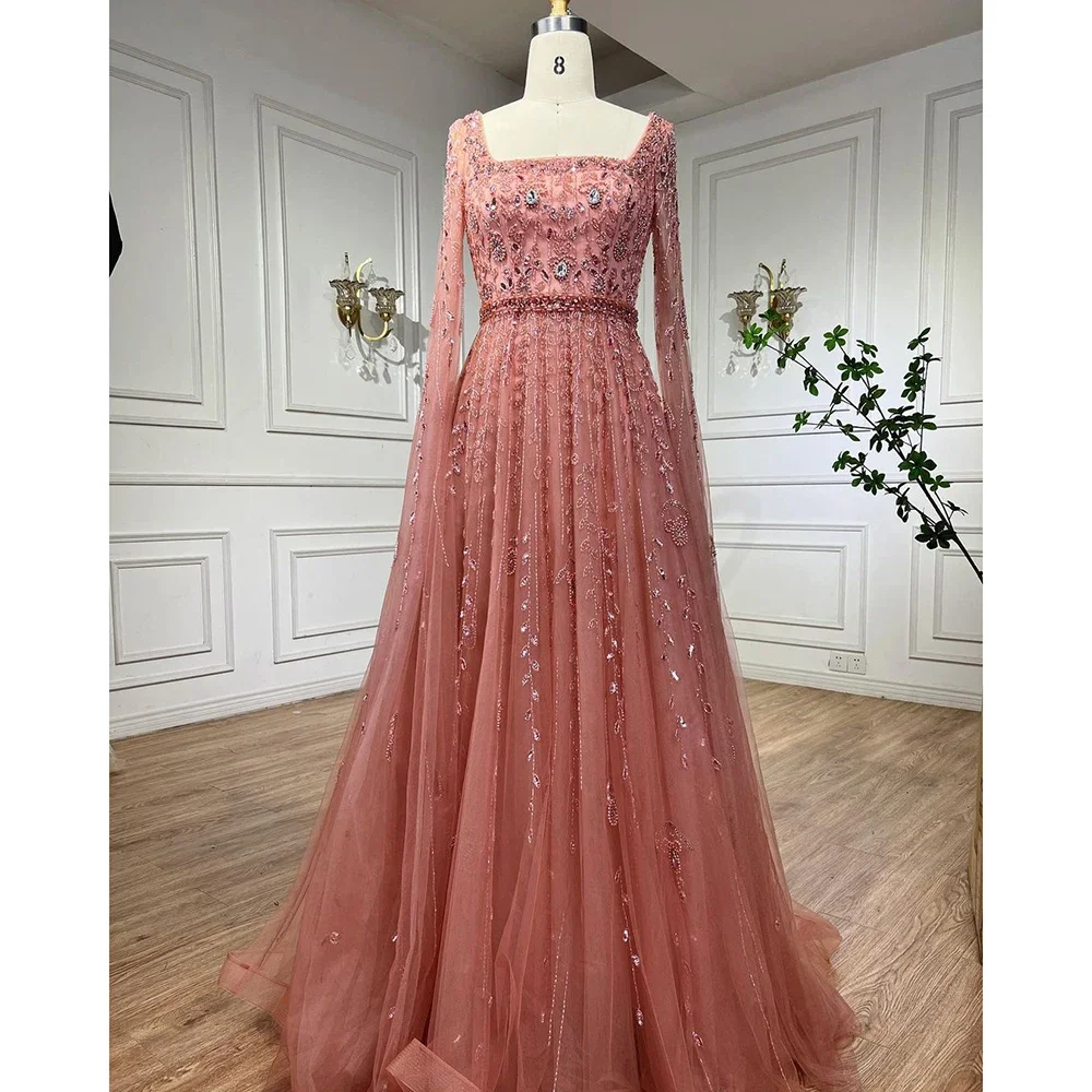 فساتين سهرة إسلامية وردية على شكل حرف A بياقة مربع...