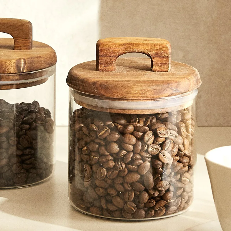 Glass Food storage tank 650/1100/1800ml With Wooden lid Kitchen Coffee beans Candy Tea Grains Canister Home Snacks storage jar glass storage tank glass storage jar glass storage container