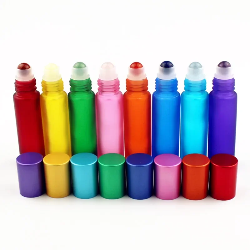 

8pcs 10ml Colorful Glass Roll On Essential Oil Bottle with Natural Gemstone Roller Ball / Metal Ball Refillable Perfume Bottles