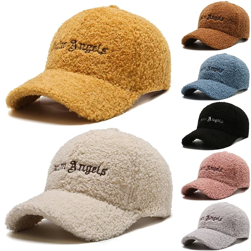 

Winter Lamb Fur Hat Baseball Cap Letter Embroidery Women Sun Hat Lady Girls Outdoor Warm Plush Caps Adjustable Trucker Dad Cap