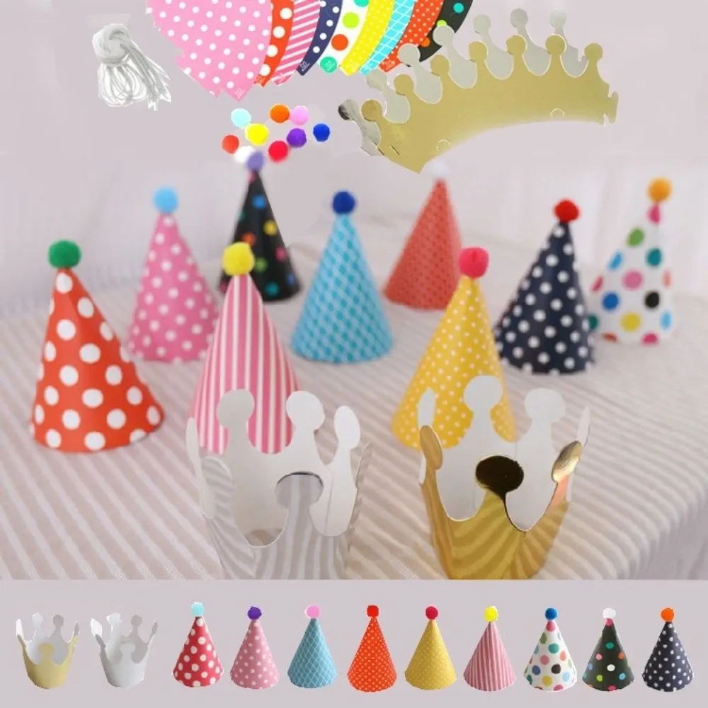 Polka Dot Birthday Party Hats with Pom Poms Paper Birthday Hat Set DIY Handmade Colorful Birthday Crown Hat Birthday Party