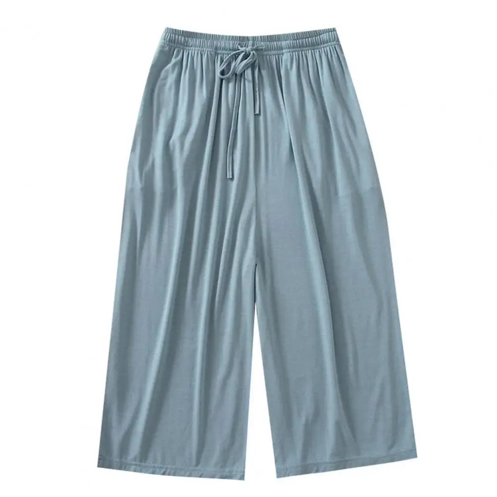 

Mid-rise Elastic Waistband Drawstring Cropped Pants Straight Wide Leg Women Summer Casual Mid-calf Pajama Pants Homewear