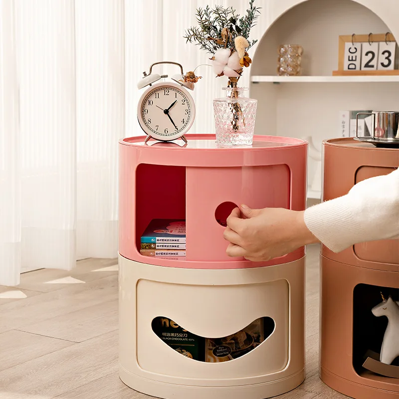 Household Bedroom Small Bedside Table Nordic Simple Narrow Cabinet Round Mini Plastic Locker Multi-layer Net Red Locker nightstands set