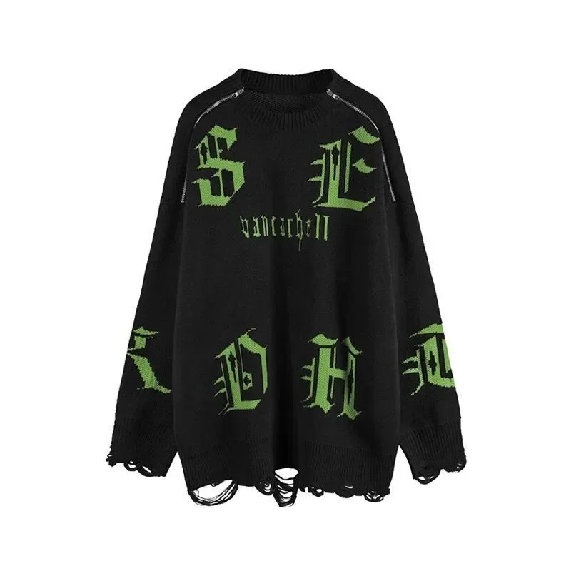Sweaters American Vintage Gothic Letter Shoulder Zipper Sweaters Men and Women's Couple Oversize Knitwear Pullover