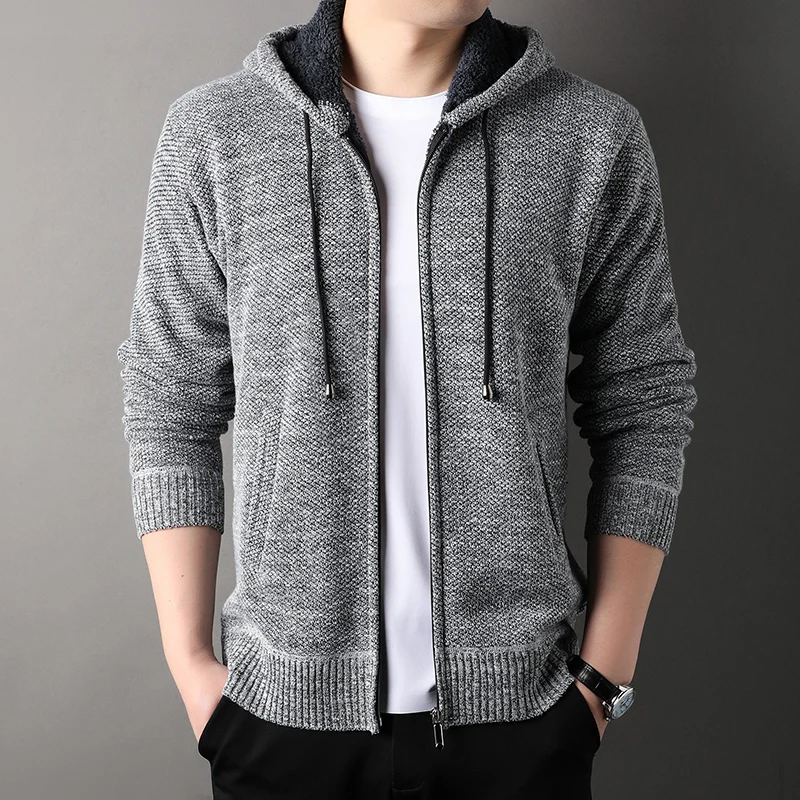 

Winter Thicken Men Hooded Cardigan Jacket Autumn Long Sleeved Knitting Male Casual Sweaters Fashion Zipper Warm Sweater Coats