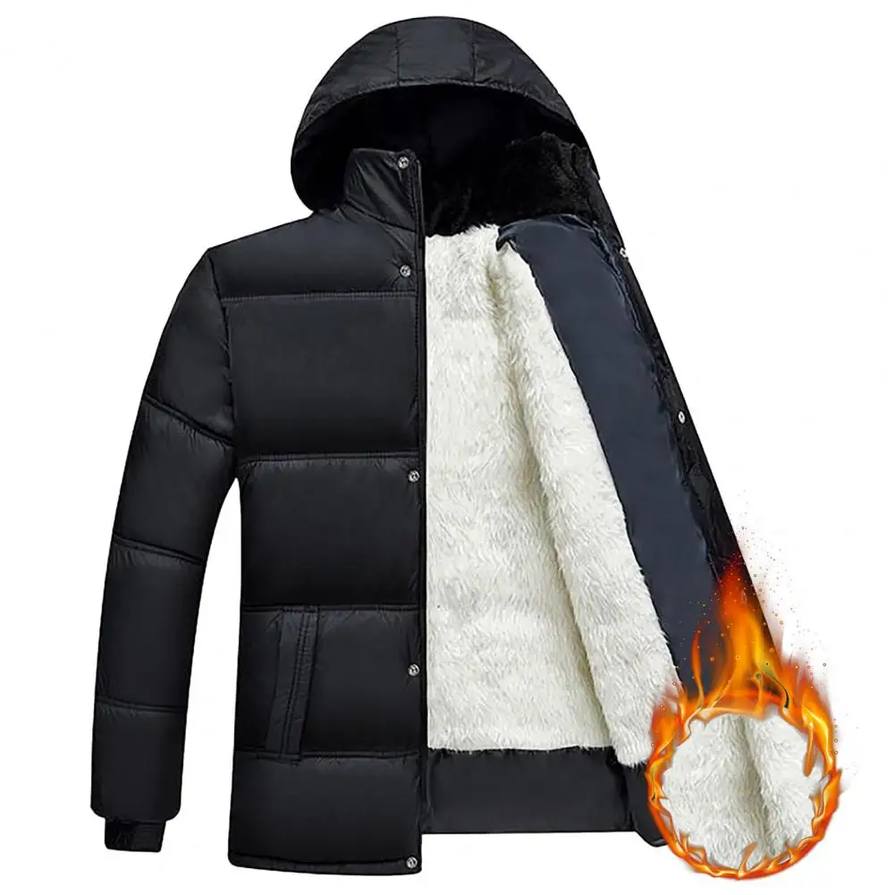 

Men Winter Cotton Coat Padded Thick Plush Hooded Long Sleeve Soft Windproof Pockets Elastic Cuff Mid-aged Men Jacket