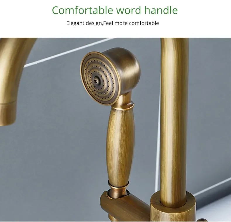 Description Picture 6 of itemAntique Brass Bathtub Faucet Floor Mounted Swive Spout Tub Mixer Tap with Handshower Handheld Bath Shower Water Set