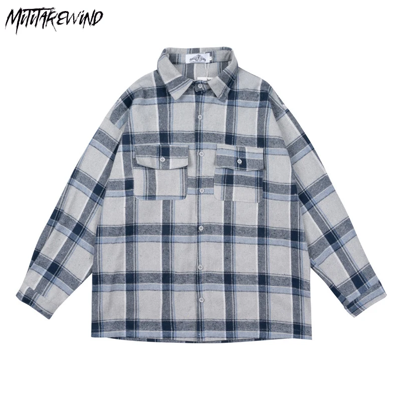 

High Street Fashion Plaid Shirt Streetwear Loose Casual Long-sleeved Men Shirts Pocket Design Shirt Jacket Lapel Cardigan Tops