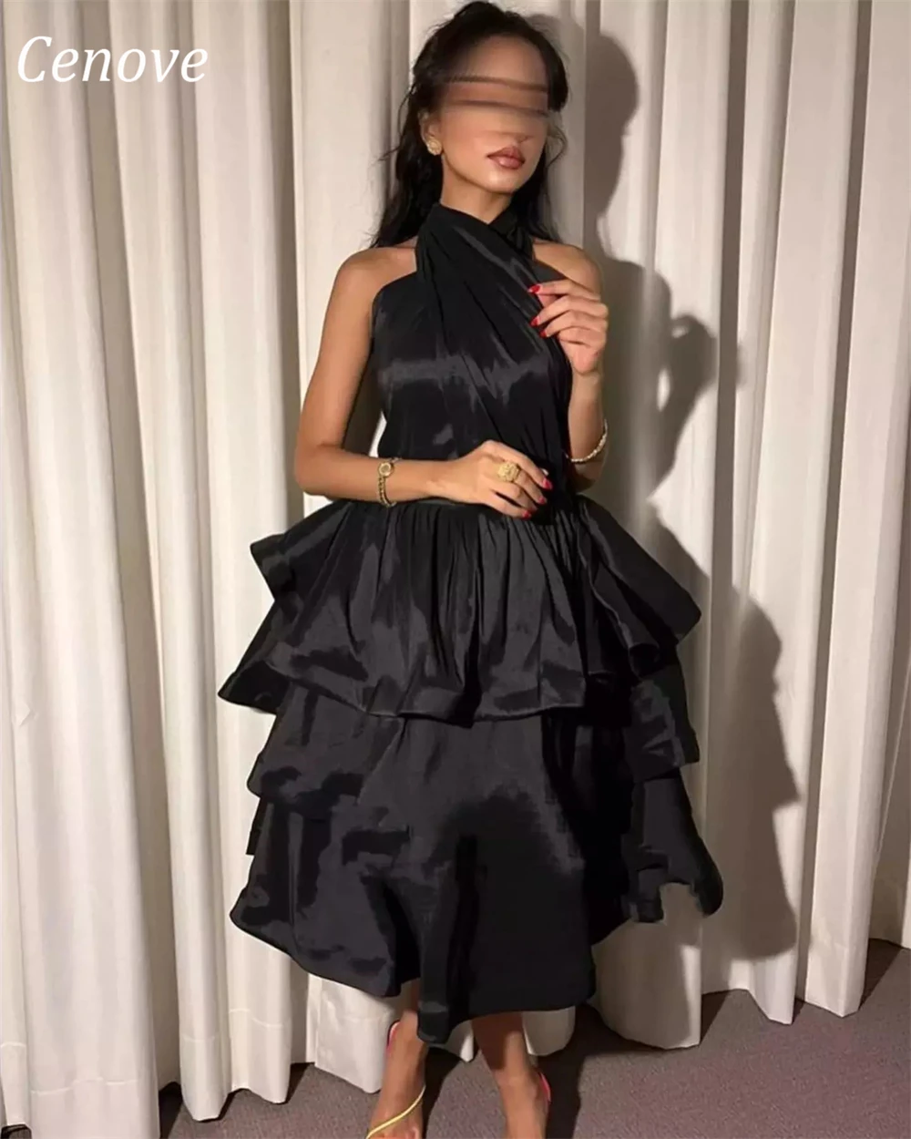 

Cenove O-Neck Bow Ruffles A-Line Evening Gown Formal Elegant Prom Black New Party Dresses for Women 2023