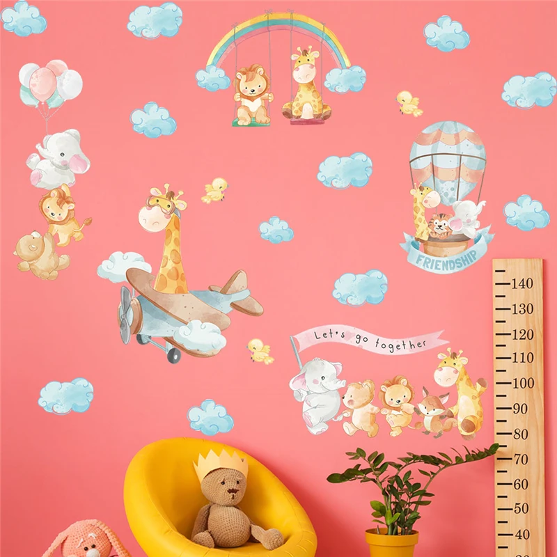 

Lovely Giraffe Lion Elephant Sky Party Wall Stickers For Home Decoration Cartoon Animals Mural Art Kids Room Decals Pvc Posters