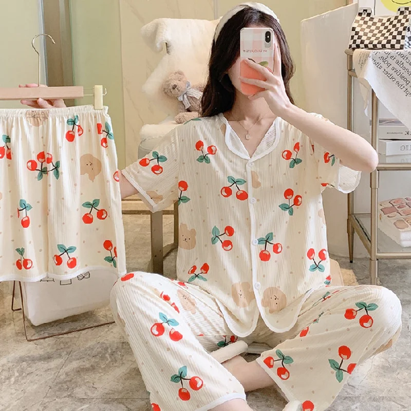Women's New Three-Piece Pajamas Summer Short-Sleeved Pyjamas Korean Version of the Sweet and Lovely Cardigan Ladies Homewear