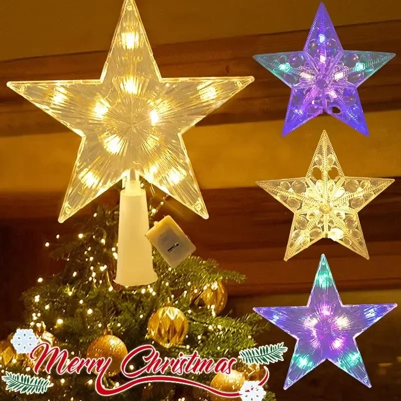 Christmas Star Tree Decor Lights LED Glowing Star Lamp Sparkling Night Light Xmas Tree Top Ornaments New Year Home Party Decor
