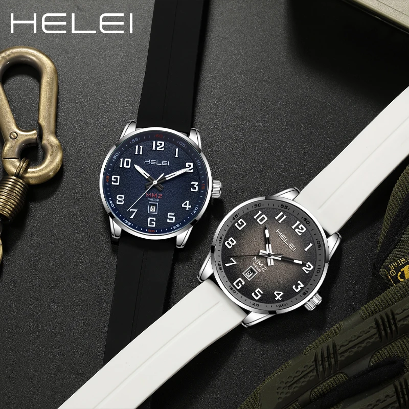 Classic HELEI brand men's watch fashion quartz wristwatch silicone calendar display high quality men's watch gift for men