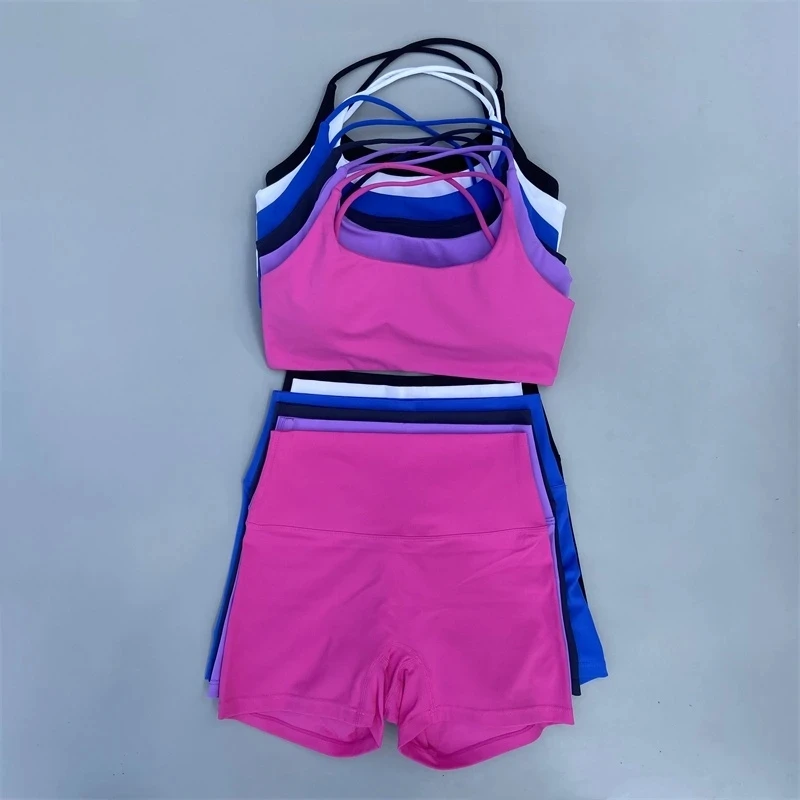 

Solid Color gym yoga short Leggings suit Fitness Women Sport Bra Athletic Cross underwear Tight Top Workout Train With Chest Pad