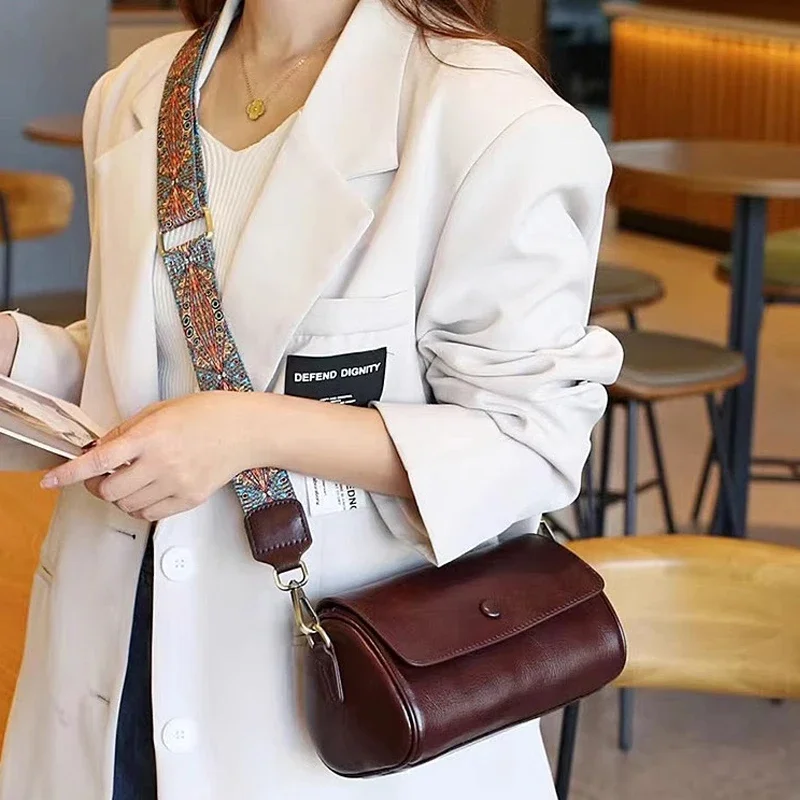 Lady Designer Luxury Retro Crossbody Bags Female Fashion Cowhide Handbag Women's Cow Natural Leather Round Shoulder Bag Ladies