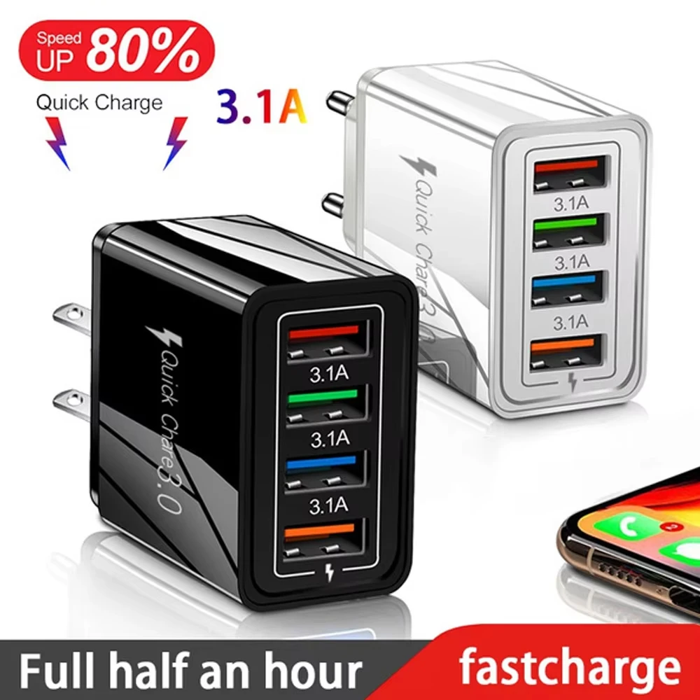 3A USB Charger 4 Port Quick Charge 3.0 EU US Plug Mobile Phone Wall Adapter