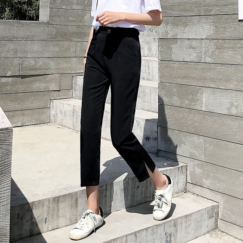 

Lucyever 2022 New Summer Women Suit Pants High Waist Beige Black with Slit Harem Pants Ladies Korean Style Street Casual Pants