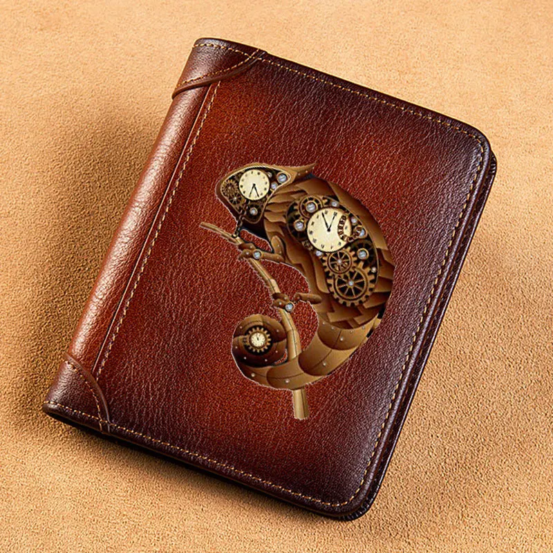 High Quality Genuine Leather Men Wallets Vintage Steampunk Chameleon Design Short Card Holder Purse Trifold Men's Wallet BK3846
