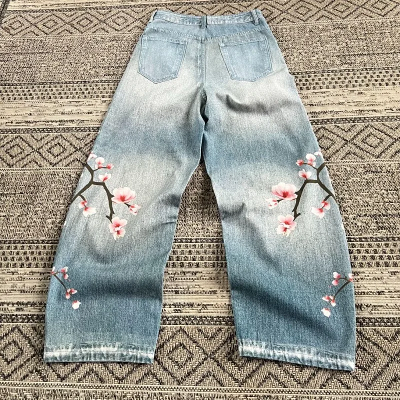 Y2K Fashion Washed Old Geometric Cherry Blossom Oversized Printed Baggy Jean Female Harajuku Popular Casual Joker Wide-leg Pants 3