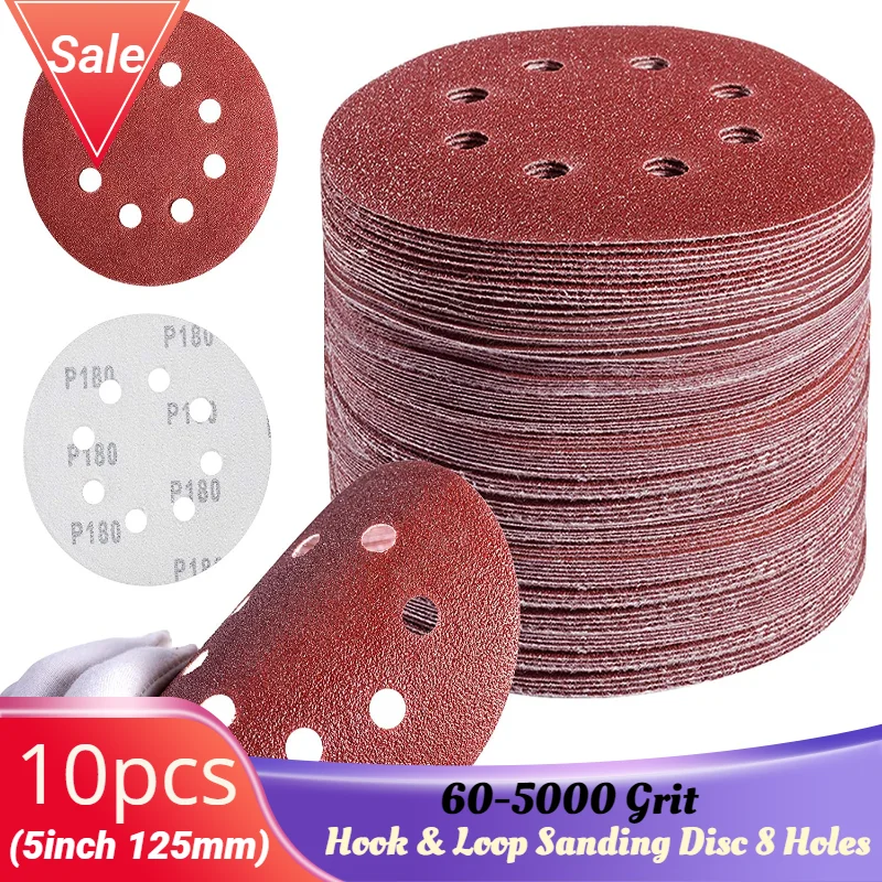 

10PCS 5 Inch 8 Hole Sanding Discs Hook and Loop Adhesive Sandpaper 125MM for Random Orbital Sander 60-2000 Grits Abrasive Sheets