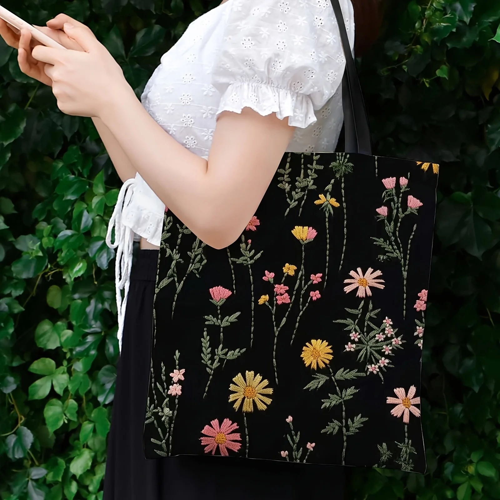 1 Floral Embroidery, Black Background Printed Shoulder Bag, Suitable for Shopping, Fun Design 1 Floral Embroidery, Black Background Printed Shoulder Bag, Suitable for Shopping, Fun Design