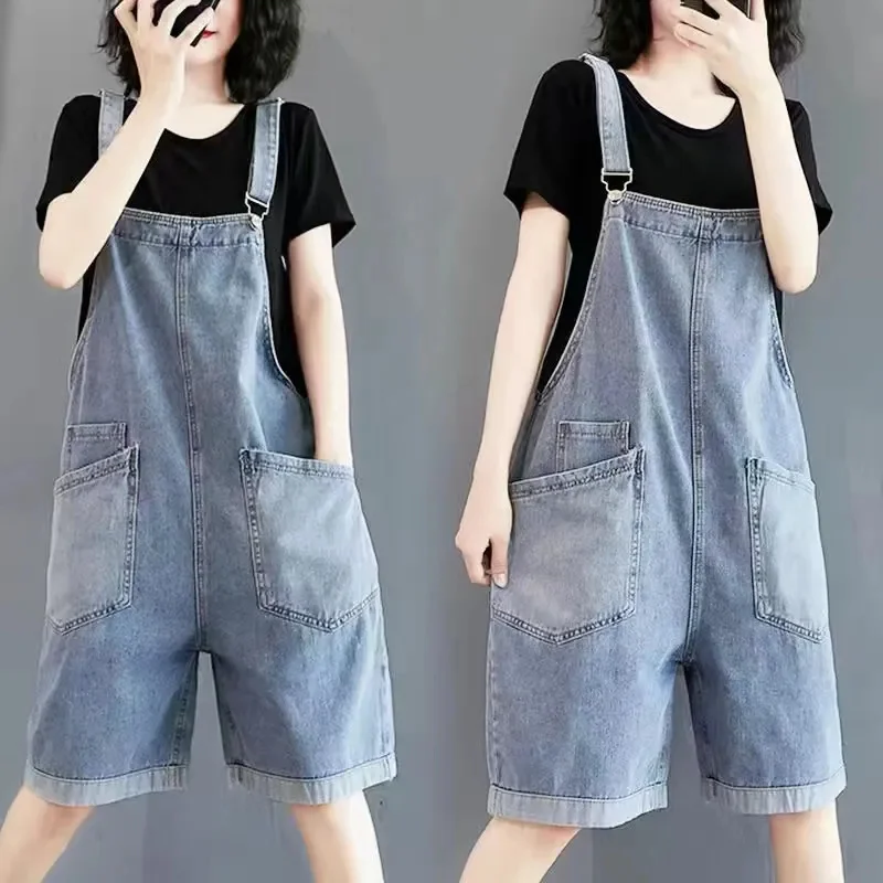 Denim Playsuits Women's Summer New Strap Shorts Over Knee Mid long Casual Jumpsuit Pant with Strap Wide Leg Pants Female Jeans