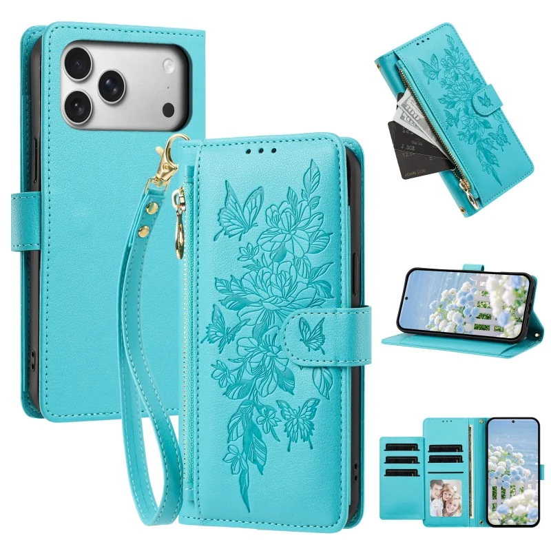 Elegant Pattern Leather Zipper Wallet Phone Case with Wrist Strap and Card Holder Cover