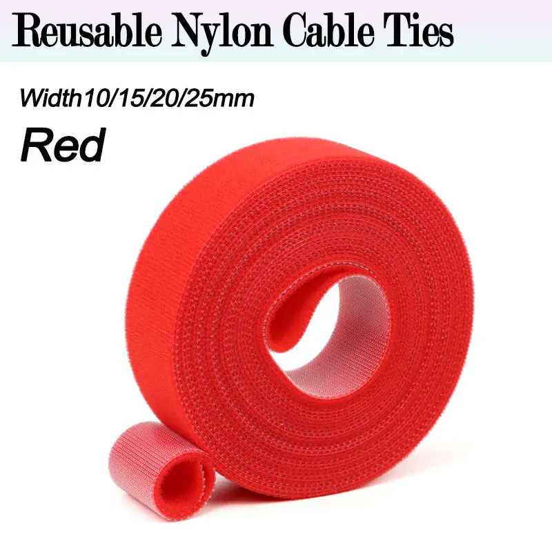 Red Reusable Double-Sided Hook and Loop Fastening Cable Ties - 5m Roll, Multiple Width Options